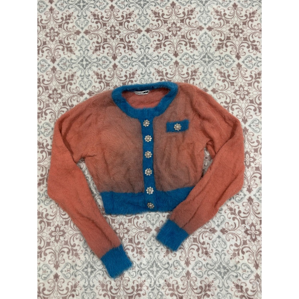 Fashion Nova Fuzzy Cropped Cardigan Coral Pink Blue Rhinestone Flower Buttons
